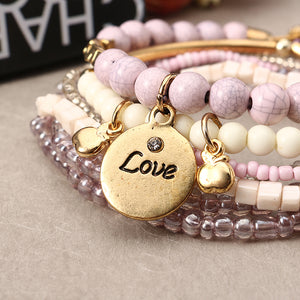 Bohemian Love Print Coin Pendant Beads Multilayer Adjustable Bracelet for Women Clothing Accessories