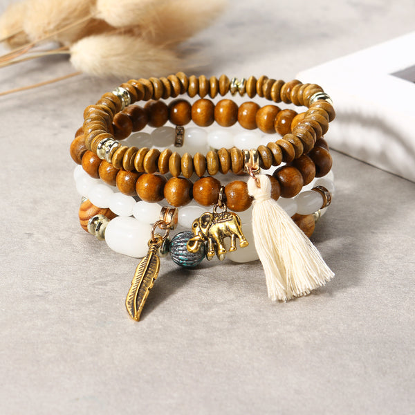 Retro Leaf Elephant Elastic Multilayer Bead Bracelet