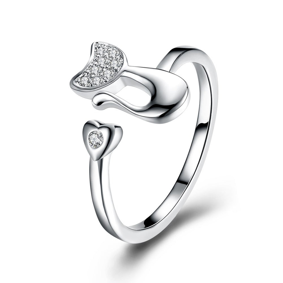 YUEYIN Fashion Opening Ring Silver Plated Cat Romantic Heart