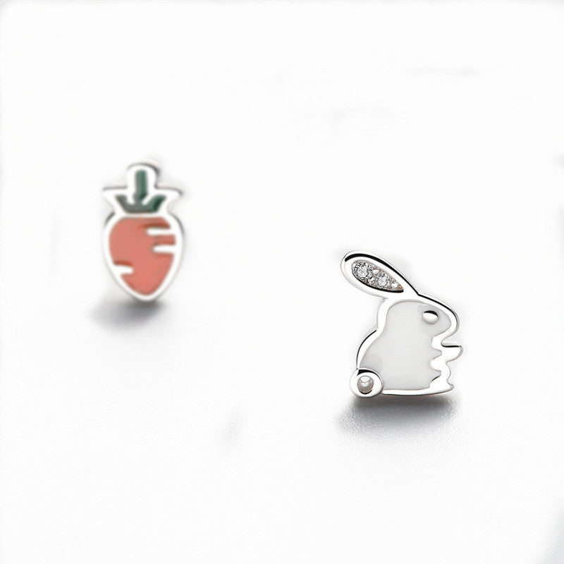 925 Sterling Silver Cute Asymmetric Rabbit Carrot Earrings