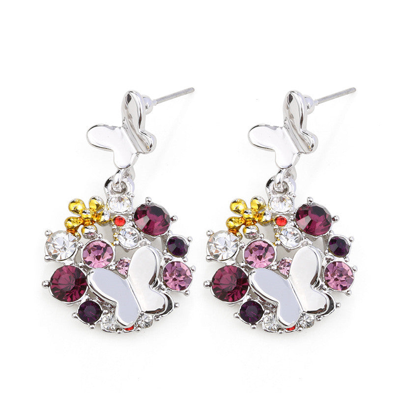 Sweet Colorful Crystal Flower Ear Drop Butterfly Earrings