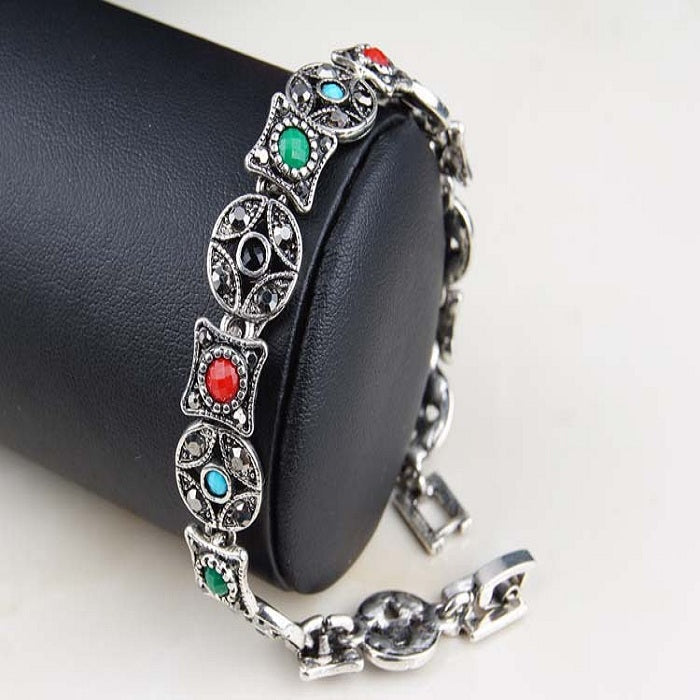 Bohemian Silver Ruby Bracelet Ancient Coin Shape Multicolor