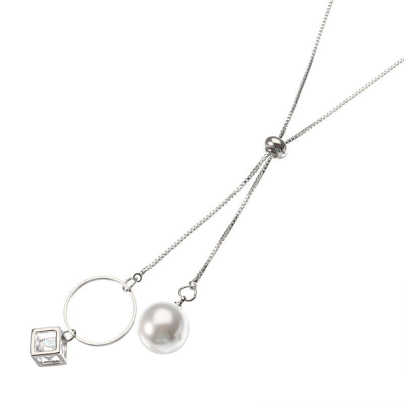 Elegant Pearl and Rhinestone Cube Hoop Pendant Silver Plated Tassel Long Necklace for Women