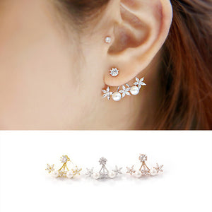 925 Silver Needle Pearl Flower Cubic Zircon Crystal Ear Stud Earrings