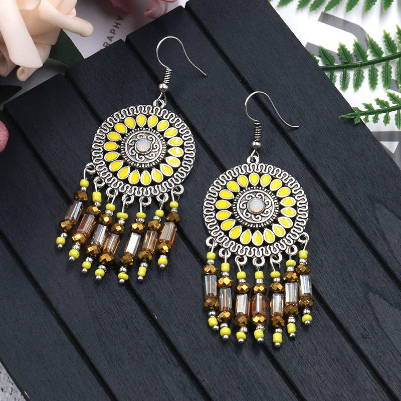 Bohemian Sunflower Earrings Round Geometric Beads Ear Drop