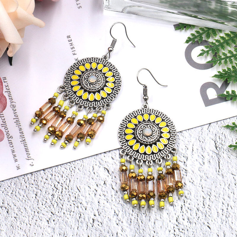 Bohemian Sunflower Earrings Round Geometric Beads Ear Drop