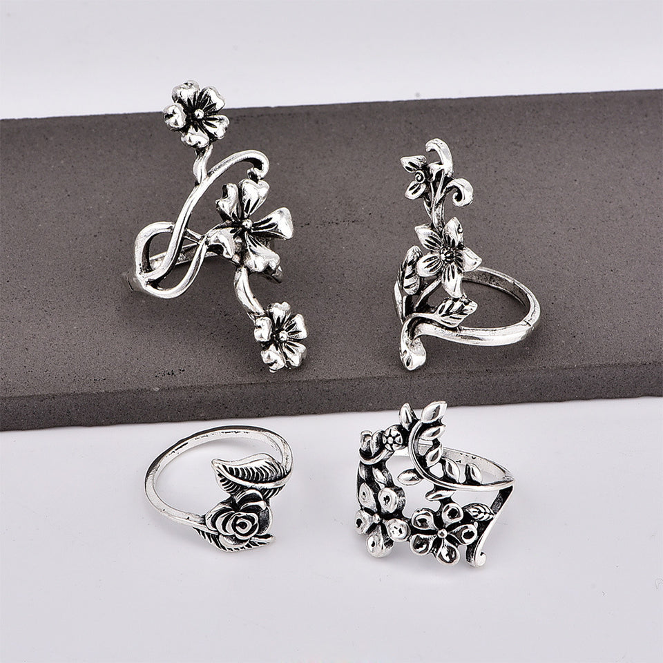 4 Pcs Ring Set Bohemian Flower Silver Rings for Women