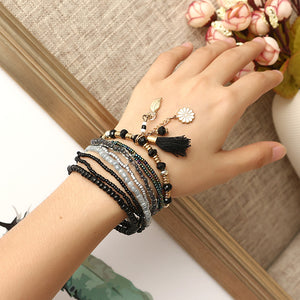 Bohemian Tassel Flower Leaf Pendant Multilayer Beads Bracelets for Women 