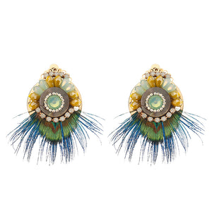 Bohemian Ethnic Earrings 14K Gold Plated Feather Opal Statement Retro Round Ear Clip for Women Gift