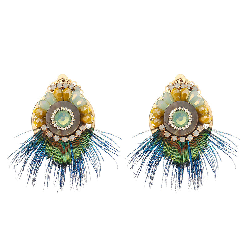 Bohemian Ethnic Earrings 14K Gold Plated Feather Opal Statement Retro Round Ear Clip for Women Gift