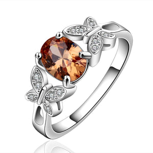 YUEYIN 925 Sterling Silver Plated Butterfly Crystal Zircon Ring For Women