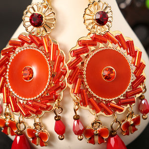 Bohemian Retro 14K Gold Plated Earrings Ethnic Sun Shape Bowknot Red Zircon Ear Drop for Women