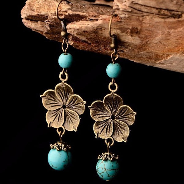 Ethnic Flower Turquoise Beads Tassel Drop Earrings Jewelry