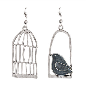 Blue Grey Bird Birdcage Fashion Asymmetric Women Earrings