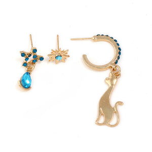 3 Pcs/set Cute Cat with Stars Blue Rhinestone Earring Set