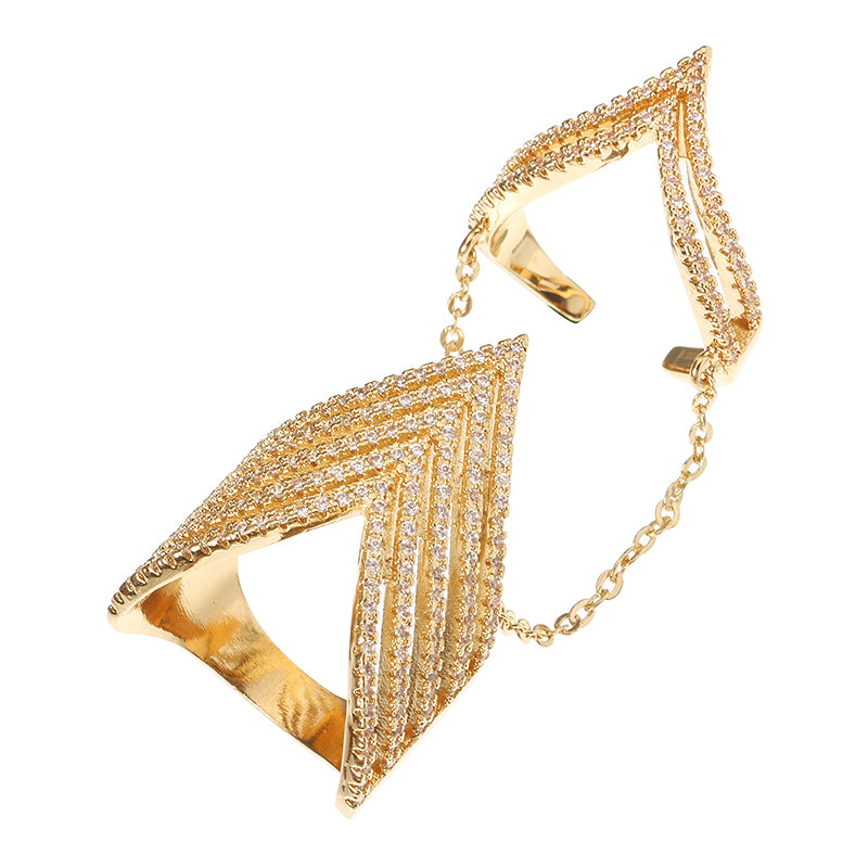 24K Gold Plated Punk Arrow Shape Chain Linked Two Rings Statement Sparkling Zircon Jewelry for Women