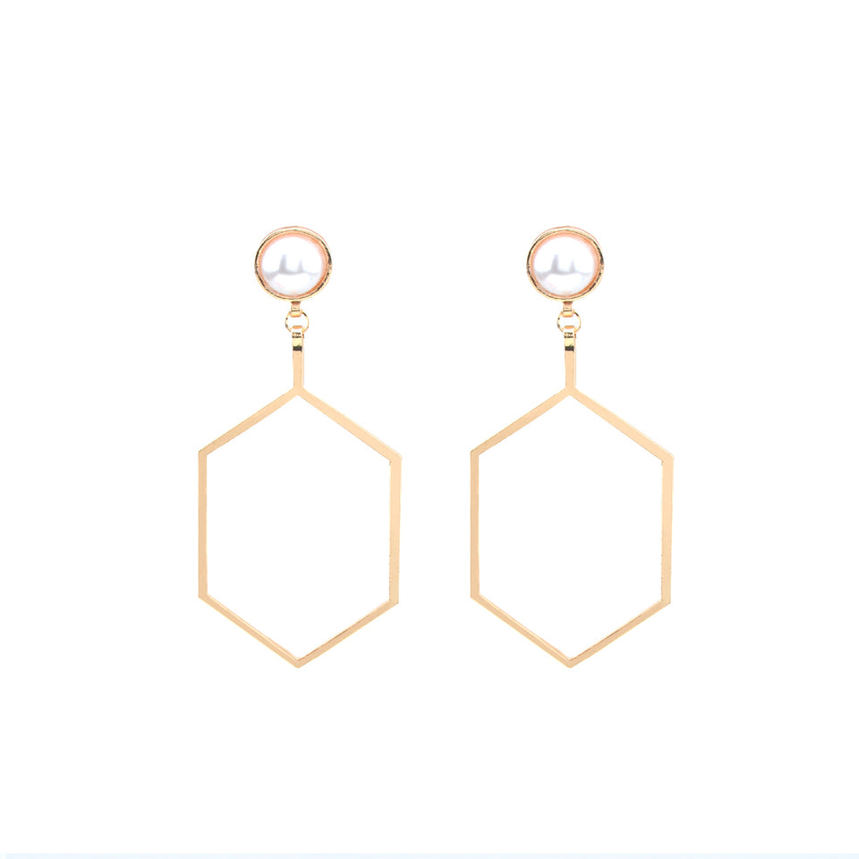 Polygonal Geometry Hollow Artificial Pearl Women Earrings