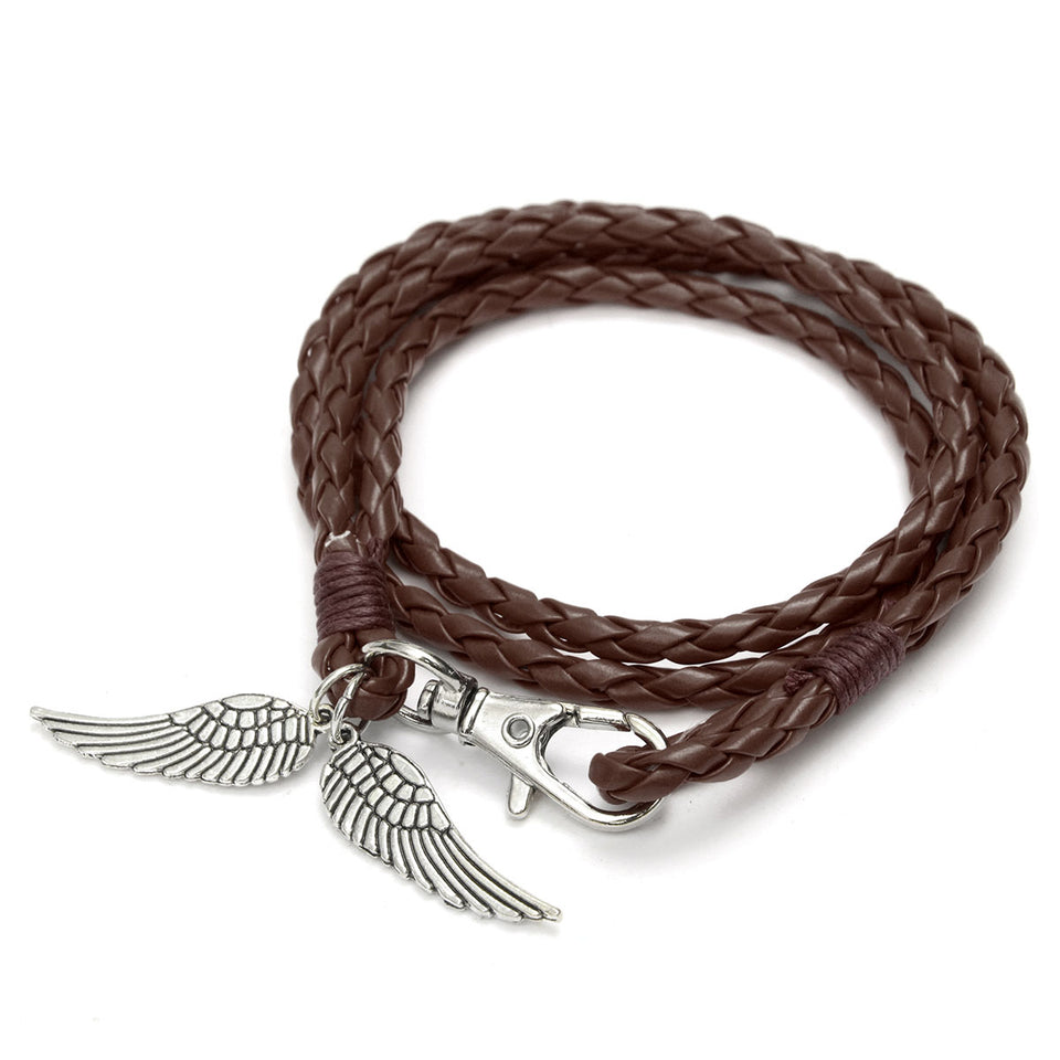 Vintage Handmade Angel Wings Bangle Braided Leather Bracelet Unisex