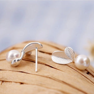 Sweet 925 Sterling Silver Leaves Pearl Earrings Women Jewelry