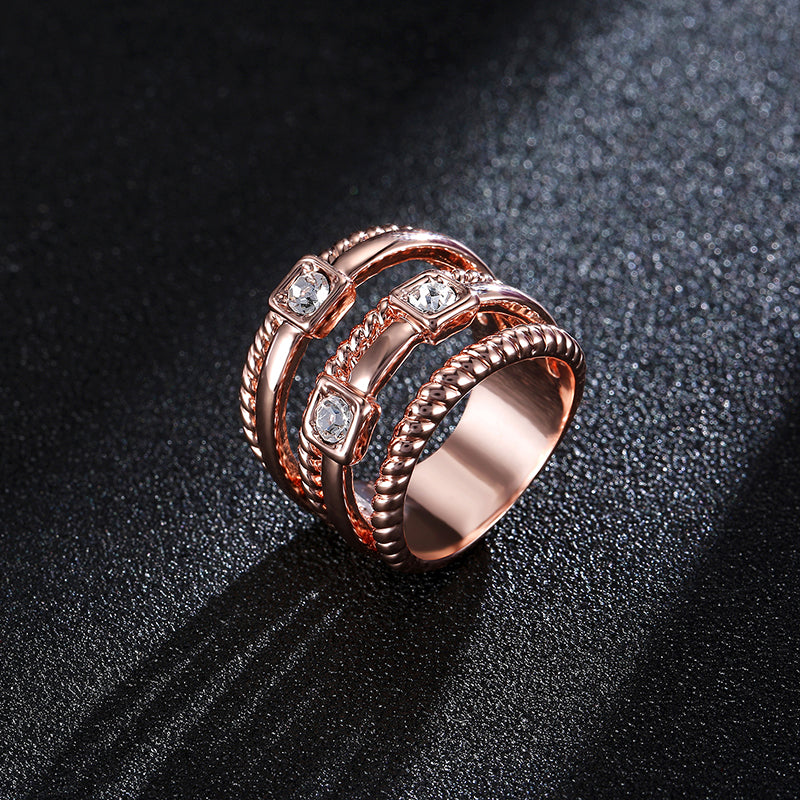 Multilayer Stylish Wide Ring Rhinestone Twist Line Rose Gold Elegant Women Jewelry