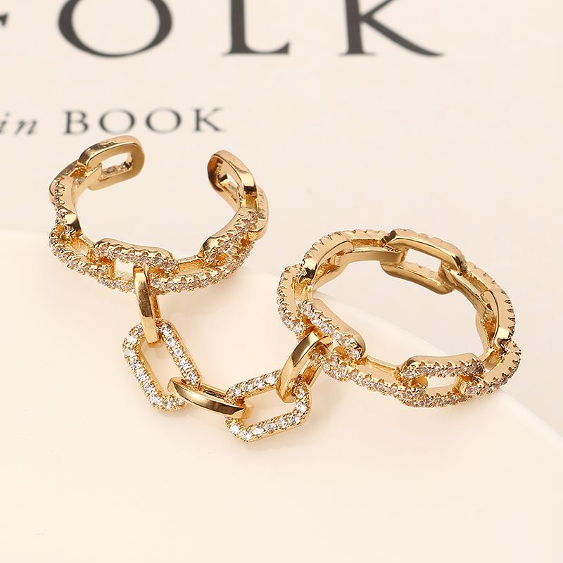 24K Gold and Platinum Plated Punk Chain Shape Shiny Zircon Two Linked Rings Best Gift Women Jewelry