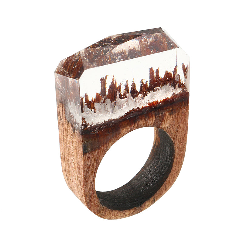 Secret Forest Creative Handmade Snowscape Charm Wood Ring Unique Gift for Men and Women