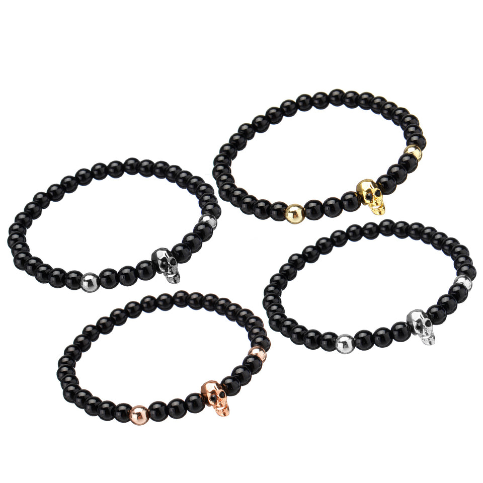 Fashion Men's 6mm Black Onyx Bead Skeleton Skull Head Beaded