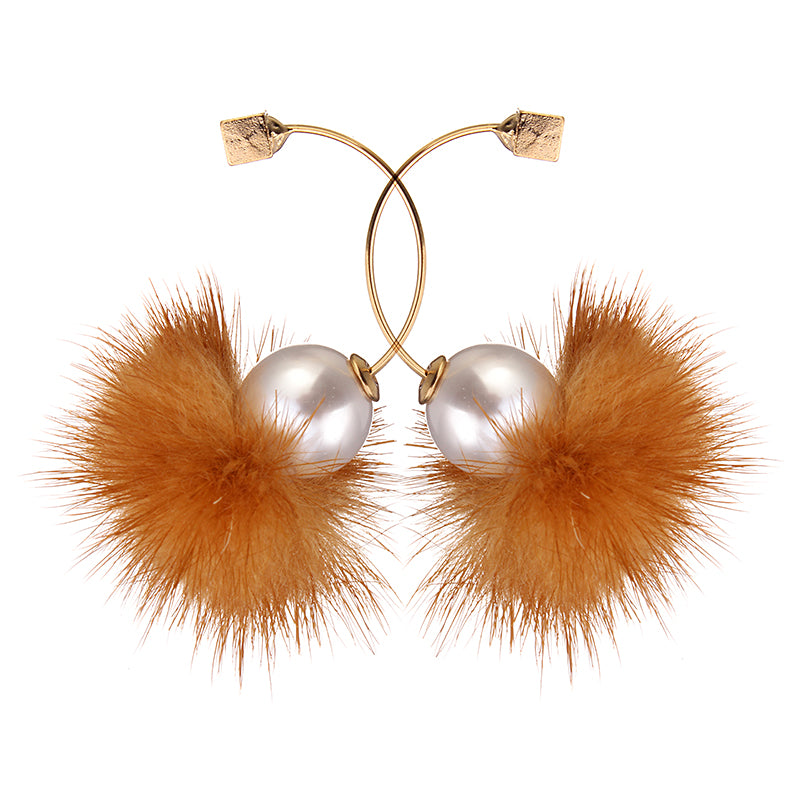 Fuzzy Ball Ear Drop Artificial Pearl Cute Earrings 