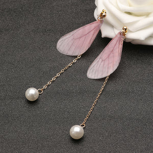 Sweet Chiffon Wings Asymmetric Artificial Pearl Women Earrings