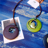 Vintage Round Wood Plate Pendant Necklaces