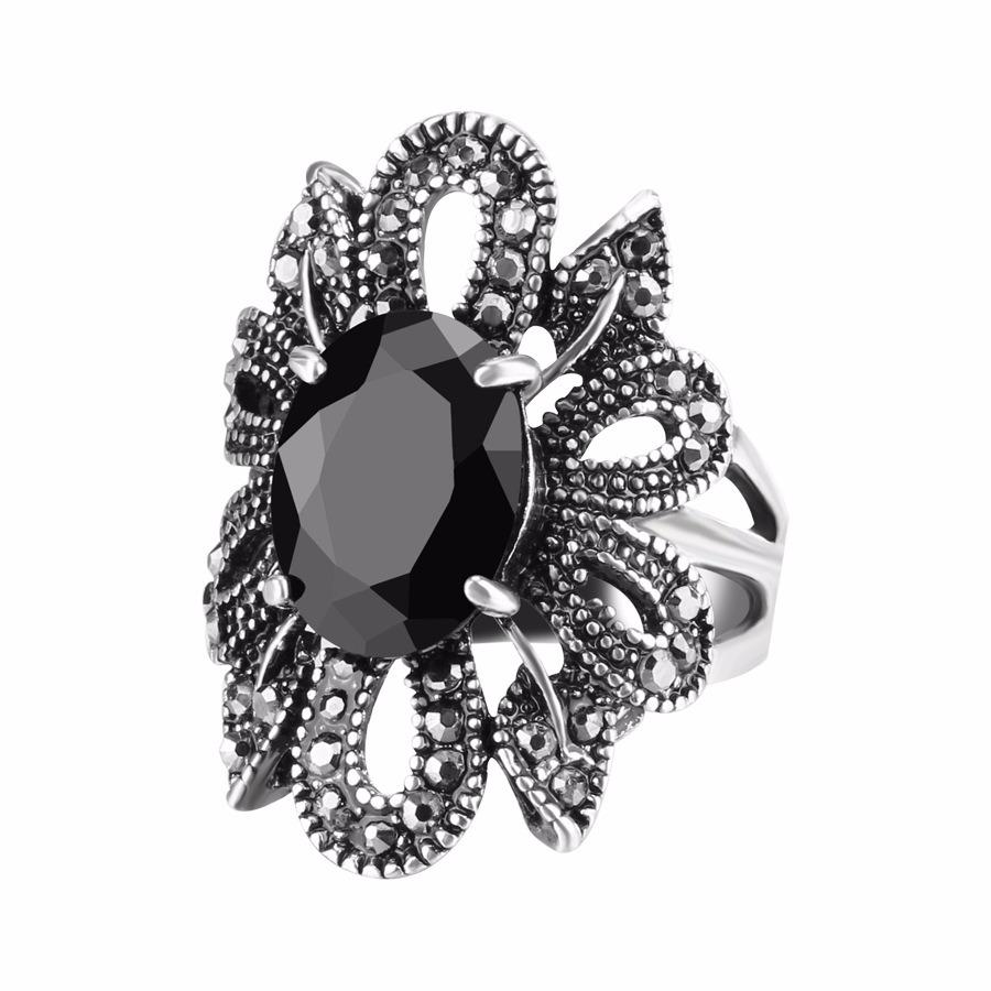 Black Crystal Antique Silver Finger Rings Hollow Flower Punk