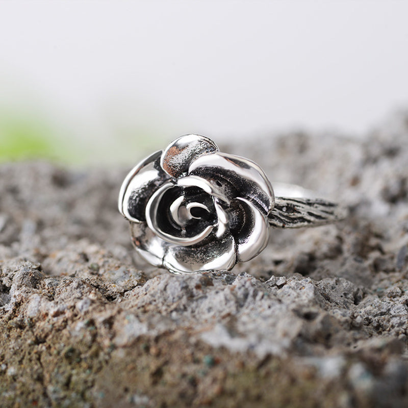 Sweet Flower Silver Rings Elegant Carved Rose Flower Rings