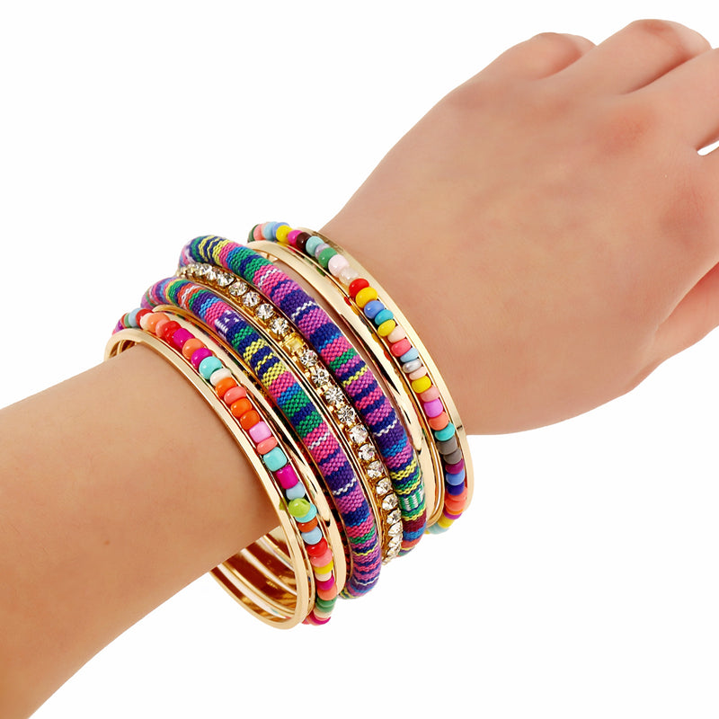 Bohemian Bead Fabric Rhinestone Multilayer Metal Bangle Bracelet 