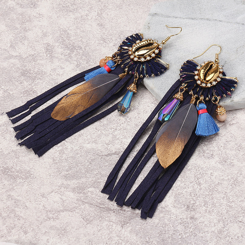 Women Bohemian Earrings Luxury Gold Plated Suede Tassel Pendant Elegant Feather Ear Drop Boho Gift