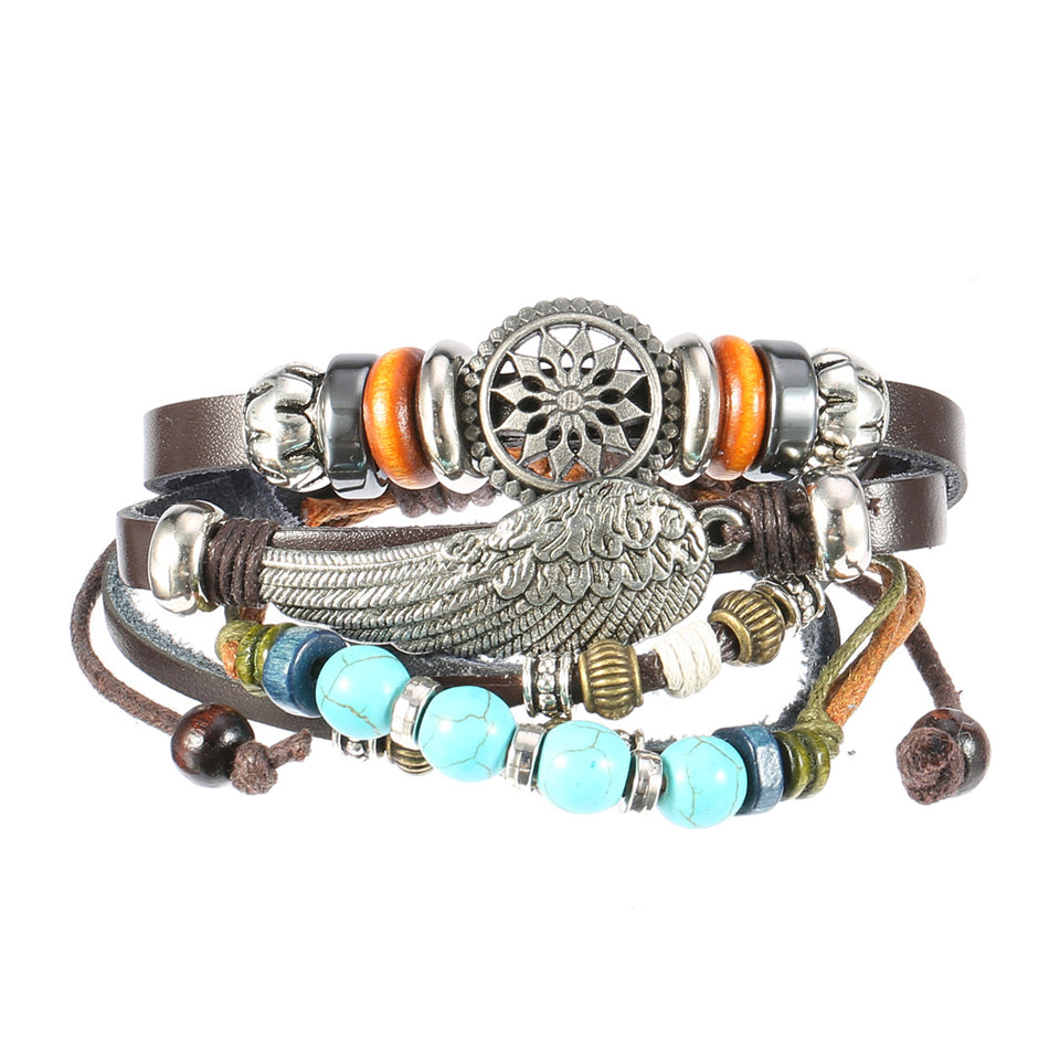Adjustable Black Braided Leather Bracelet Multilayer Weave