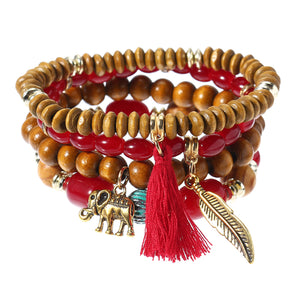 Retro Leaf Elephant Elastic Multilayer Bead Bracelet