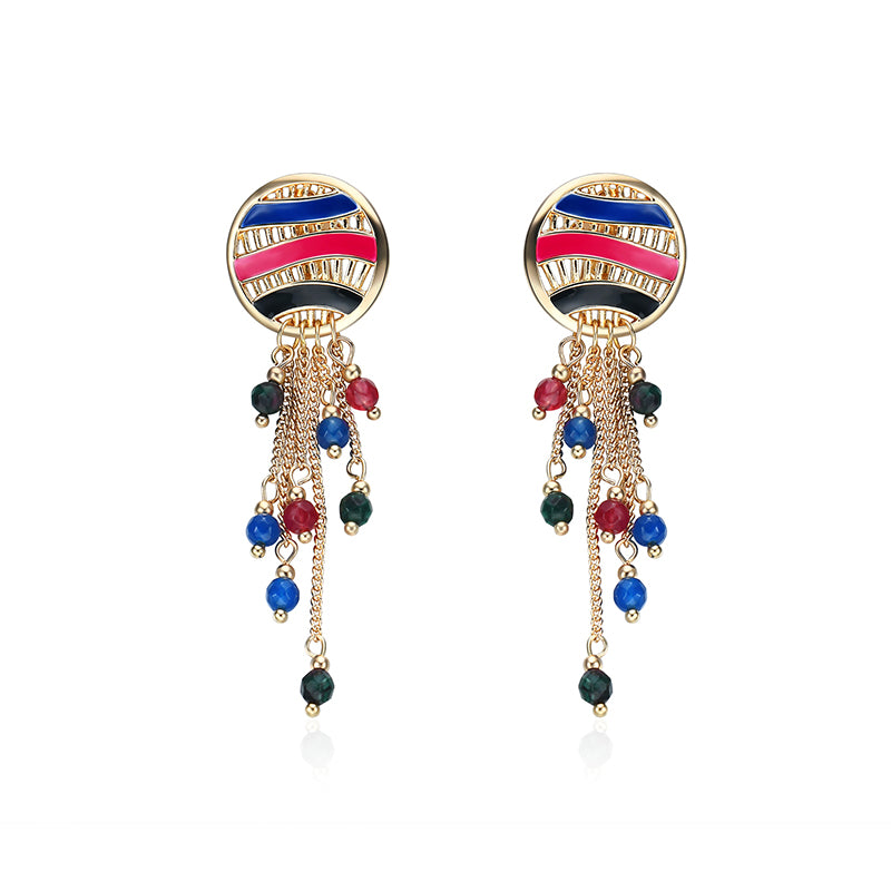 Women Bohemian Earrings Gold Plated Round Charm Tassel Colorful Bead Pendant Ear Clip Boho Jewelry