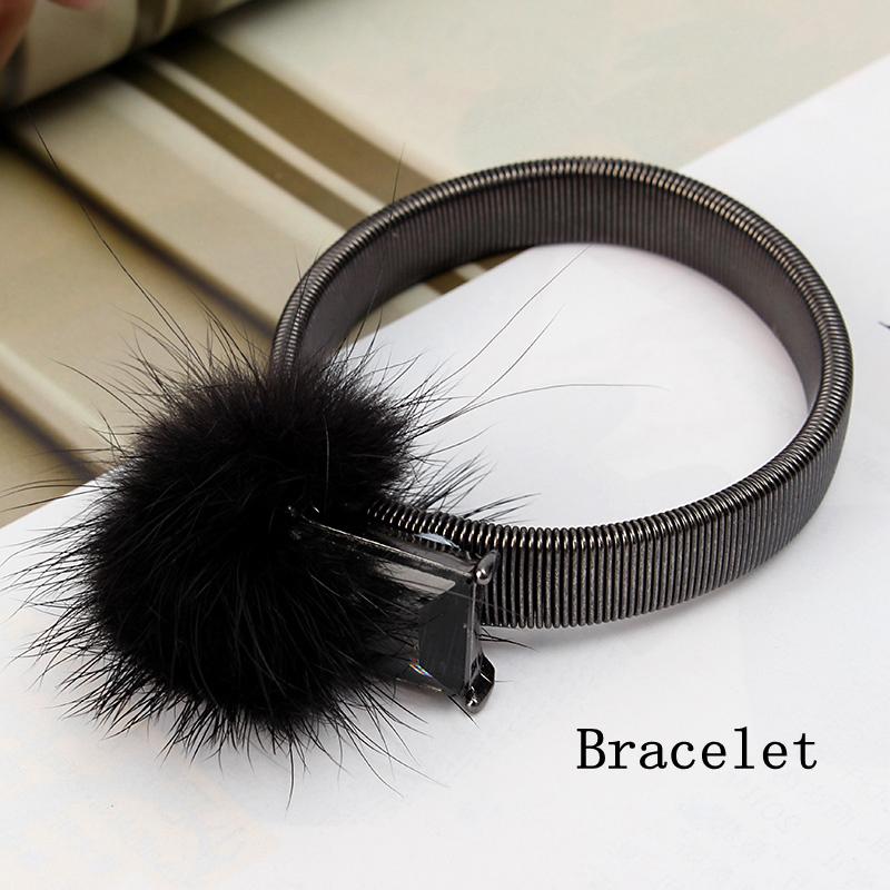 Trendy Fuzzy Ball Rhinestone Elastic Bracelets Finger Rings