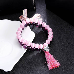 Sweet Amethyst Crystal Opal Beads Heart Tassels Elegant Two-layer Bracelet Women Jewelry 