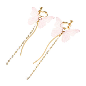 Sweet Pink Butterfly Arc Line Tassel Pendant Ear Clip Drop Earrings Fashion Jewelry for Women