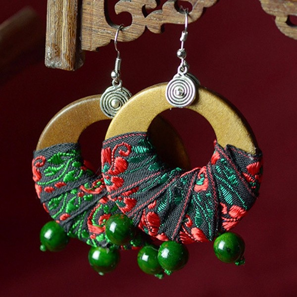 Ethnic Style Women Jewelry Handmade Statement Retro Wood Hoop and Beads Pendant Earrings