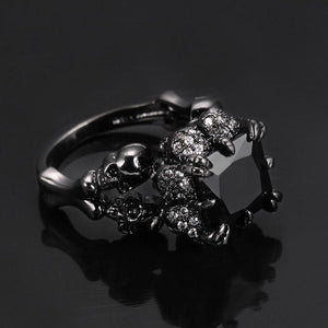 Black Zircon Stainless Steel Ring Gothic Claw Double Skull Rhinestone Finger Ring for Women