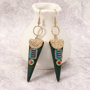 Women Bohemian Earrings Ethnic Gemstone Inlay Triangle Pendant Gold Plated Ear Drop Boho Jewelry