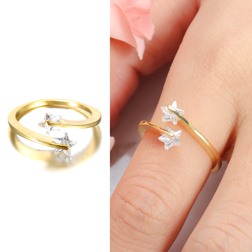 Elegant Adjustable Finger Ring Diamond Stars 18K Gold Plated