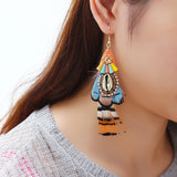 Bohemian 14K Gold Plated Retro Ethnic Feather Pendant Shell Shiny Zircon Earrings for Women