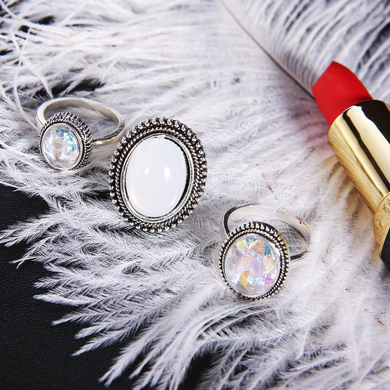 3Pcs/set Statement Silver Color Ring Set Big Gem Stone