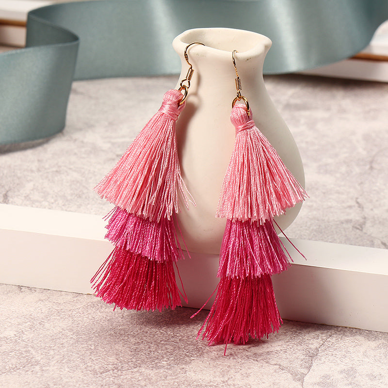 Women's  Bohemian Tassel Earrings Hand-made Three Layers Different Color Ear Drop Unique Gift 