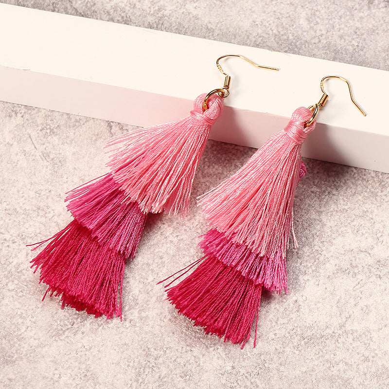 Women's  Bohemian Tassel Earrings Hand-made Three Layers Different Color Ear Drop Unique Gift 