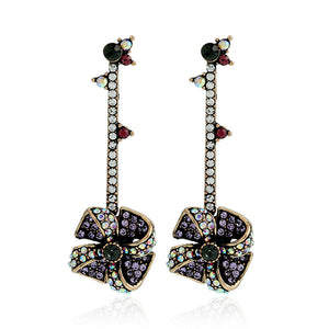 Vintage Windmill Full Rhinestones Stick Dangle Earrings