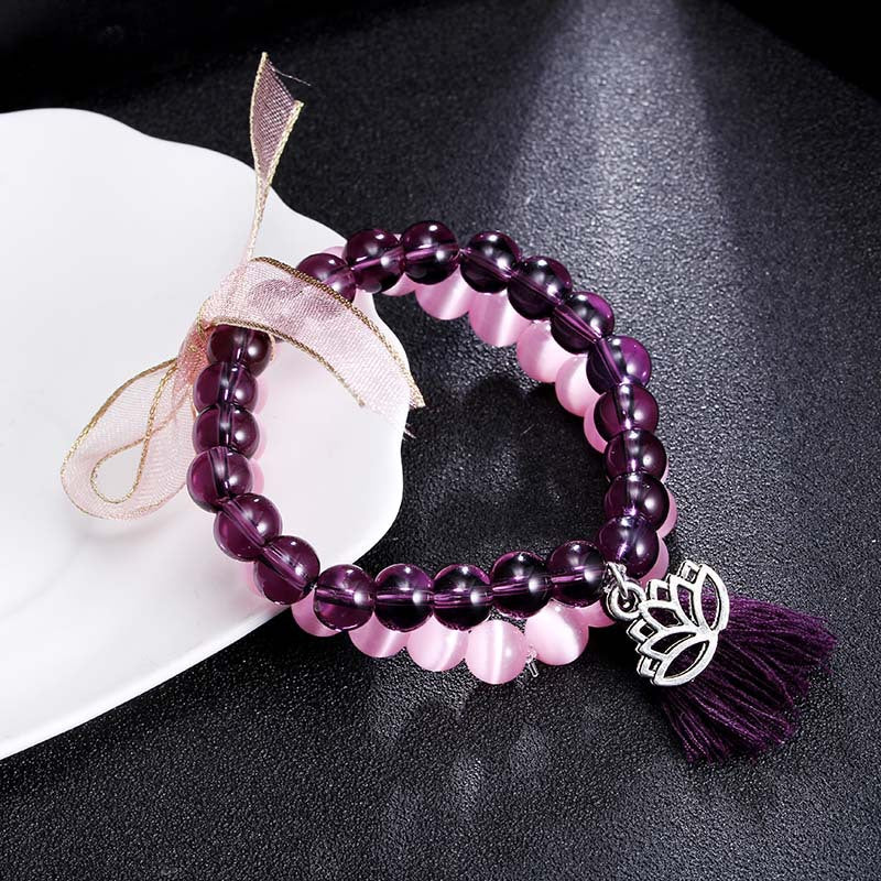 Sweet Amethyst Crystal Opal Beads Heart Tassels Elegant Two-layer Bracelet Women Jewelry 